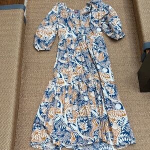 STAUD Blue, Tan & White Botanical Maxi Dress